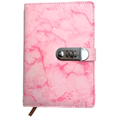 Lock Diary Notebook with Number Lock Combination PU Leather Pink Marble Design Cover 22x15 cm, 230 Pages