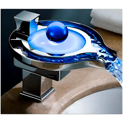 AQUAKART Led Faucet Silver Chrome Waterfall Basin Tap Fuacet Mixer for Bathroom Toilet Wash Basins Hot and Cold Water, 6.2 Inch Tall - No Electric Connection Required