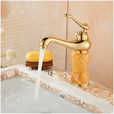 Gold Marble Basin Faucet Tap Mixer for Bathroom Toilet Wash Basins Hot and Cold Water (Without pop-up) (Onyx Petite) Gold, Brass Material, 8 Inches