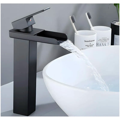 AQUAKART Waterfall Black Basin Tap Faucet Mixer for Bathroom Toilet Wash Basins Hot and Cold Water SS Material, 12 Inches Height Matt Black Waterfall Spout