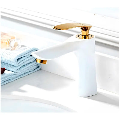 AQUAKART White Gold Faucet Tap Mixer Hot and Cold Water Heavy Single Lever Basin Mixer 7 inches with Connector Pipes and Ceramic Cartridge for Bathroom Wash Basins