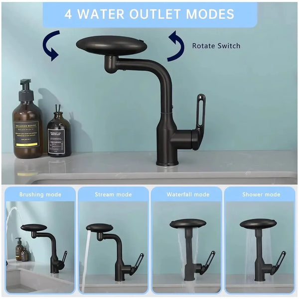4 in 1 Black Faucet Tap Mixer Hot and Cold Water Twist to Chnage Water Flow for Bathroom Wash Basins Swivel 360, Black - 10.4 inch x 6.9 inch - 3