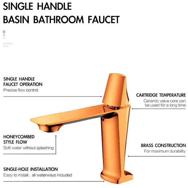 Rose Gold Faucet Tap Mixer Hot and Cold Water Heavy Single Lever Basin Mixer with Ceramic Cartridge for Bathroom Wash Basins - 17.4 Cm x 18.3 Cm - 3