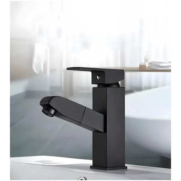 Pull-Out Black Faucet Single Lever Basin Mixer Hot and Cold for Bathroom Toilets Wash Basins Small Black, SS Material, 7 Inches Height Vessel Mounted - 6 Inches Height - 6