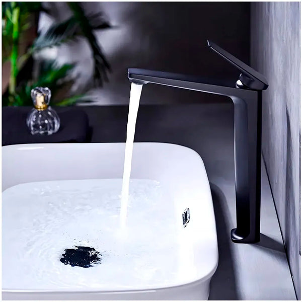 Tall Black Faucet Tap Mixer Hot and Cold Water Heavy Single Lever Basin Mixer with Ceramic Cartridge for Bathroom Wash Basins - 30 Cm x 20 Cm Black - 8