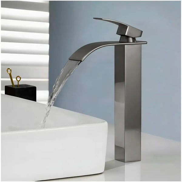 Dark Grey Tall Waterfall Faucet Waterfall Single Lever Basin Mixer Waterfall Tall Black, SS Material, for Bathroom Washbasins Toilets 12 Inches Height