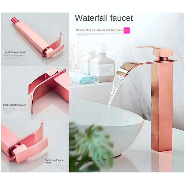 Rose Gold Tall Waterfall Faucet Waterfall Single Lever Basin Mixer Rosegold Waterfall Tall, SS Material, 12 Inches Height Rosey - 4