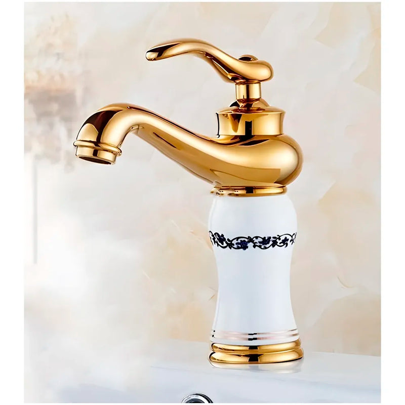 White Gold Basin Tap Faucet Mixer for Bathroom Toilet Wash Basins Hot and Cold Water (Without pop-up) (White Flower) 7 inches Height