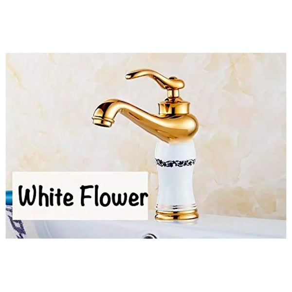 White Gold Basin Tap Faucet Mixer for Bathroom Toilet Wash Basins Hot and Cold Water (Without pop-up) (White Flower) 7 inches Height - 2