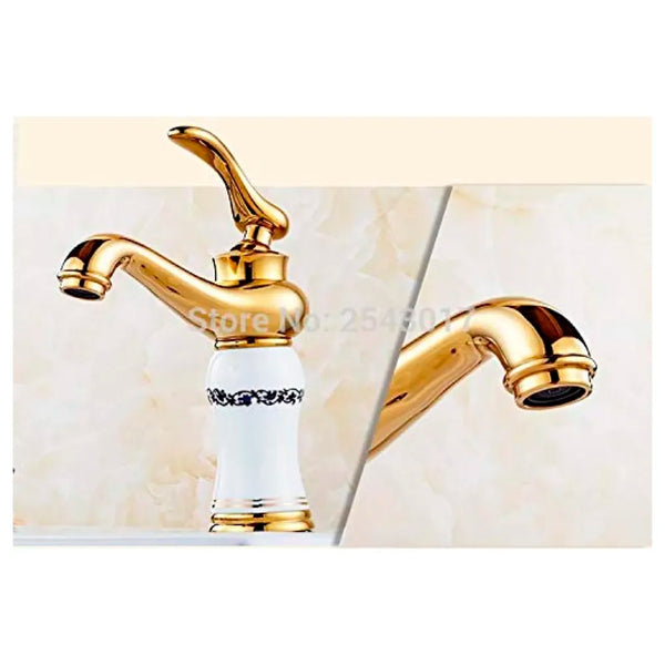White Gold Basin Tap Faucet Mixer for Bathroom Toilet Wash Basins Hot and Cold Water (Without pop-up) (White Flower) 7 inches Height - 3