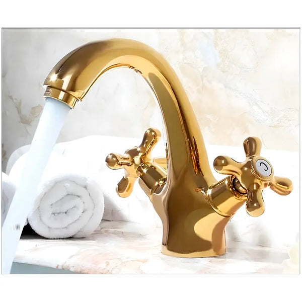 Gold Faucet Tap Mixer Hot and Cold Water Traditional Collection Zinc Heavy Knob Basin Mixer 6 inches with Connector Pipes and Ceramic Cartridge - 2