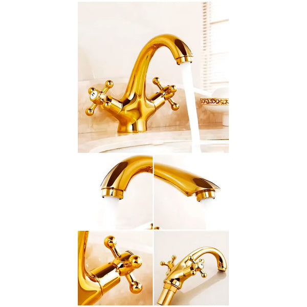 Gold Faucet Tap Mixer Hot and Cold Water Traditional Collection Zinc Heavy Knob Basin Mixer 6 inches with Connector Pipes and Ceramic Cartridge - 5