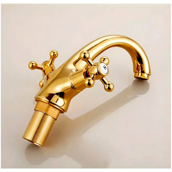 Gold Faucet Tap Mixer Hot and Cold Water Traditional Collection Zinc Heavy Knob Basin Mixer 6 inches with Connector Pipes and Ceramic Cartridge - 6