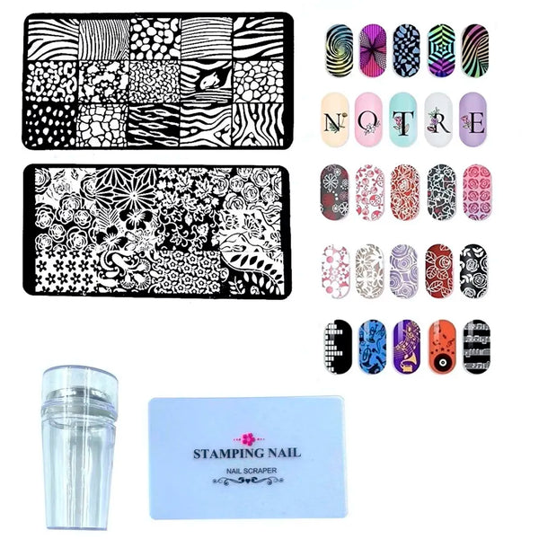 2 pcs Nail Art Stamping Plates With Stamper And Scrapper For Nail Art 12 x 6 Cm (Random Designs)
