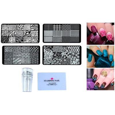 Plastic 4 Pieces Nail Art Kit with Stamper and Scraper Included (Random Designs) Perfect for Beginners
