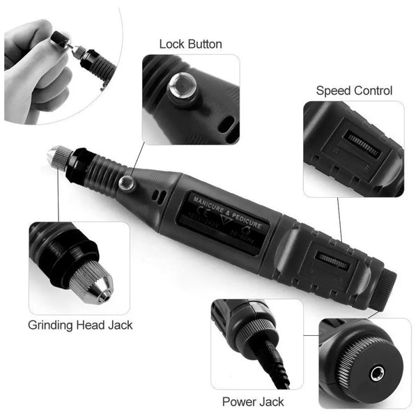 Black Mini Electric Nail Drill Art Manicure File, Portable Manicure Pen Sander Polisher for Exfoliating, Grinding, Polishing, Remove Nail Polish - 6