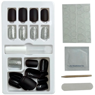 Press on Gel Nails 30 Pcs with Double Sided Jelly Adhesive Nail Glue Nail Filer Silver Blue