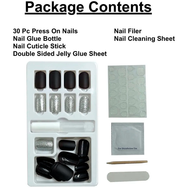 Press on Gel Nails 30 Pcs with Double Sided Jelly Adhesive Nail Glue Nail Filer Silver Blue - 6