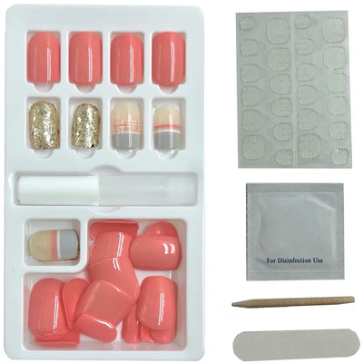 Press on Gel Nails 30 Pcs with Double Sided Jelly Adhesive Nail Glue Nail Filer Pink Gold