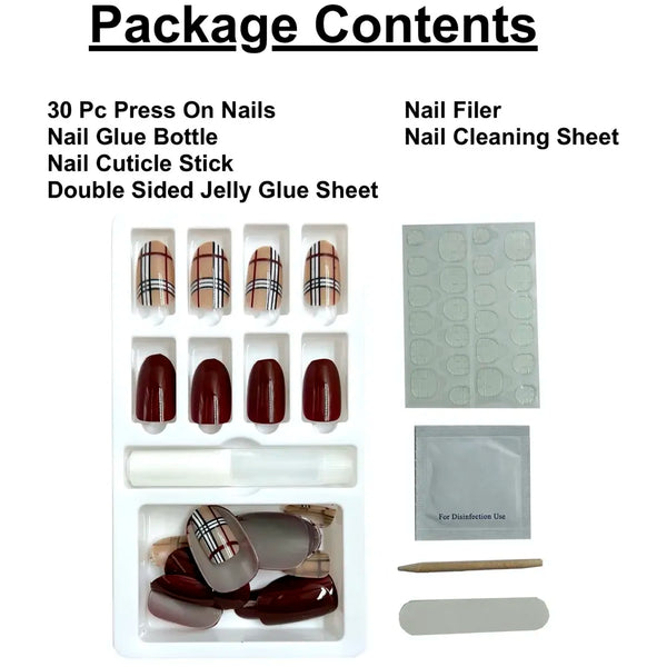 Press on Gel Nails 30 Pcs with Double Sided Jelly Adhesive Nail Glue Nail Filer Red Designer - 2