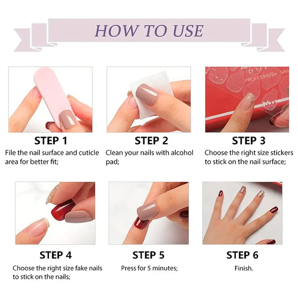 Press on Gel Nails 30 Pcs with Double Sided Jelly Adhesive Nail Glue Nail Filer Red Designer - 3