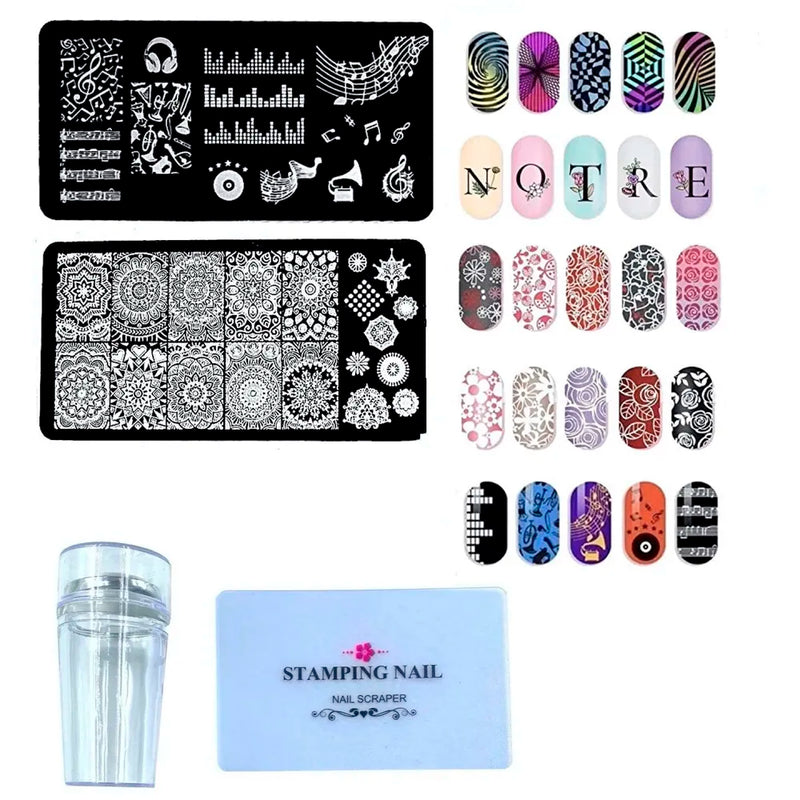 Nail Art Stamping Kit with 2 Rectangular Image Plates With Stamper And Scrapper (2 Plates) Random Designs
