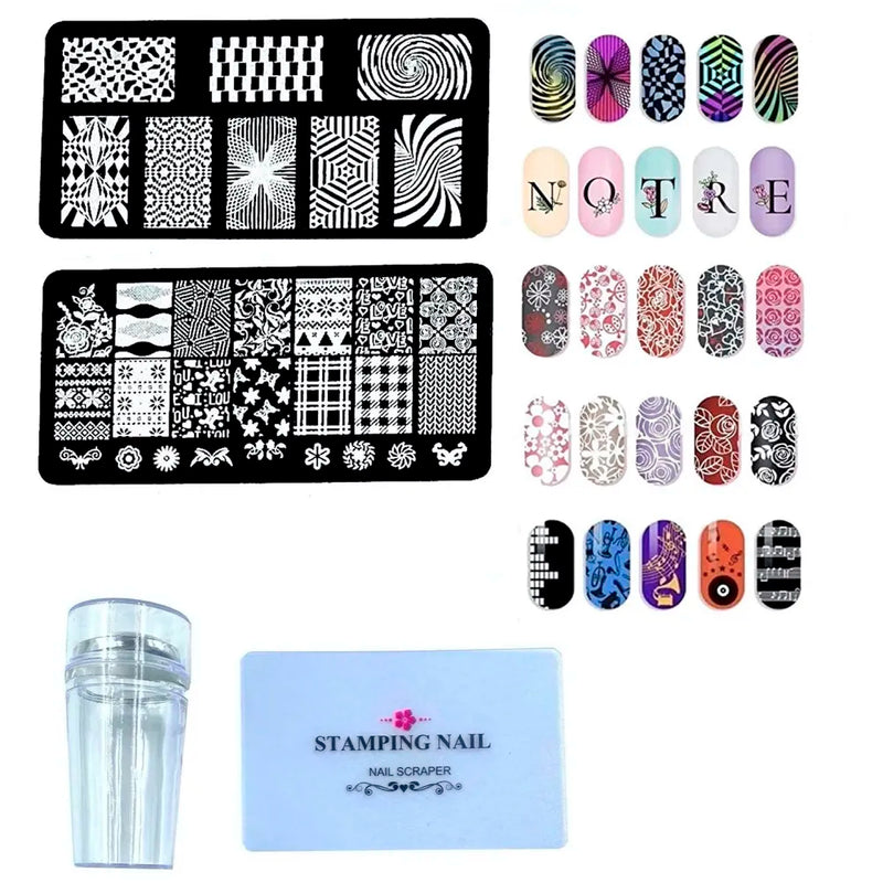 Nail Art Stamping Kit with 2 Stamping Image Plates With Stamper And Scrapper Perfect For Beginners. Mixed Designs With Random Plates