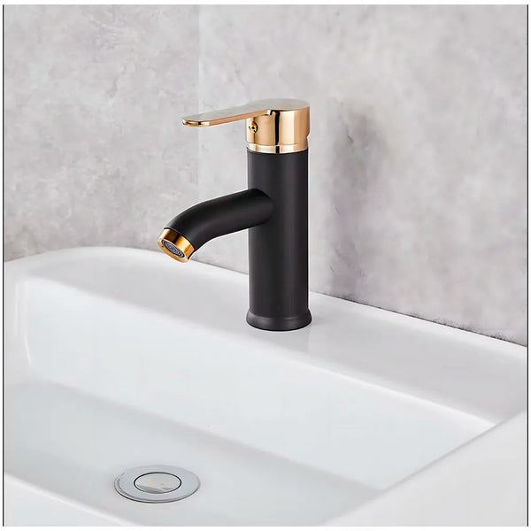 Black Gold Small Faucet Single Lever Basin Mixer Waterfall Short Black, for Bathroom Washbasins Toilets 7 Inches Height. - 2