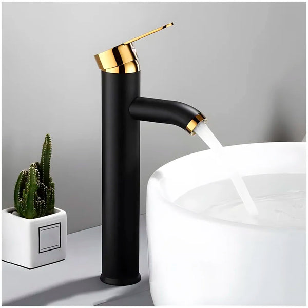 Black Gold Tall Faucet Single Lever Basin Mixer Waterfall Short Black, for Bathroom Washbasins Toilets 12 Inches Height.