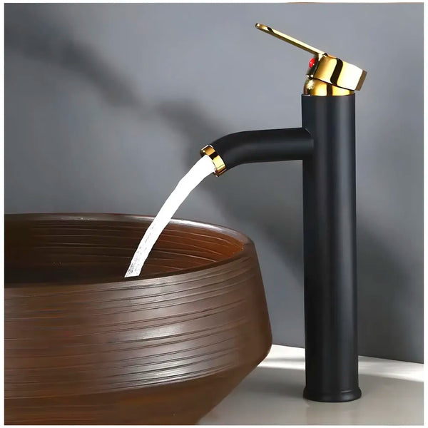Black Gold Tall Faucet Single Lever Basin Mixer Waterfall Short Black, for Bathroom Washbasins Toilets 12 Inches Height. - 2