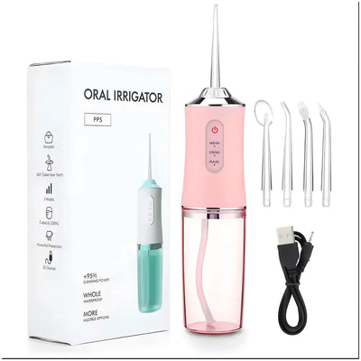 AQUAKART Pink Water Flosser Portable Dental Water Jet Oral Teeth Irrigator Waterproof Tooth Cleaner Water Flosser Oral Flosser 3 Modes And 4 Nozzels 220 ML