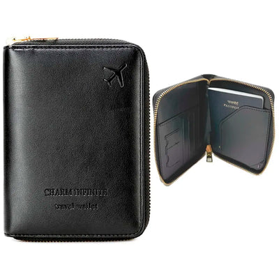 Passport Cover Case with Zip, 2 Passport Slots, 3 Credit Card, Boarding Pass, 2 Sim Slot Oragniser Pouch for Travel, Pocket Size - 15 Cm x 11 Cm PU Leather Black