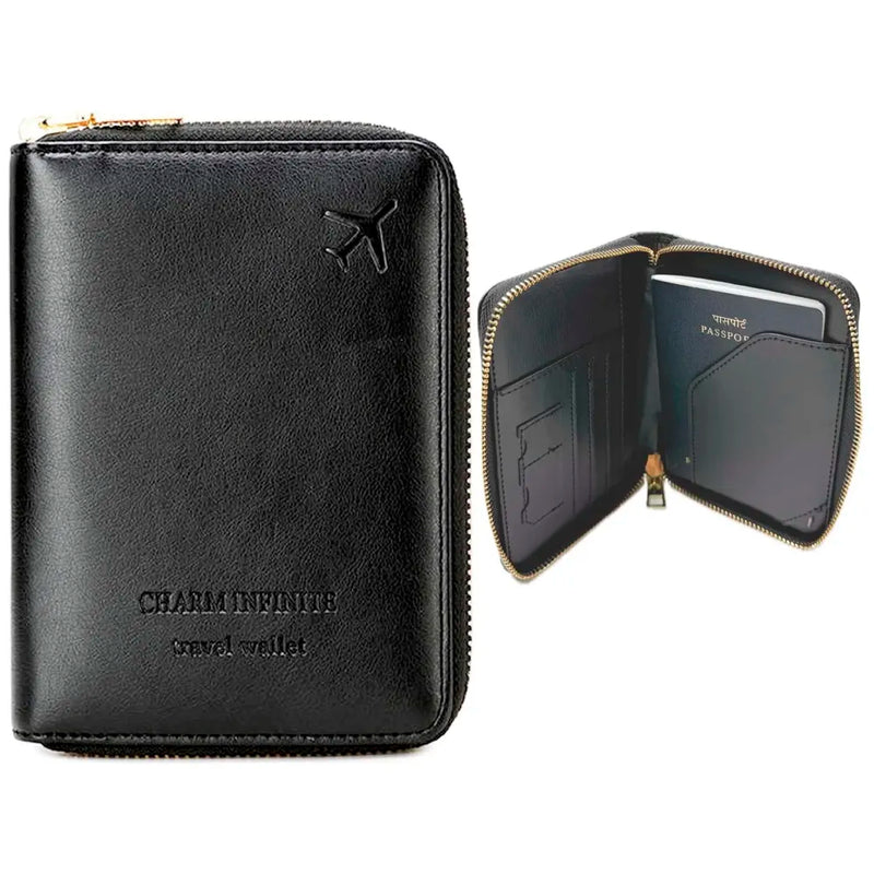 Passport Cover Case with Zip, 2 Passport Slots, 3 Credit Card, Boarding Pass, 2 Sim Slot Oragniser Pouch for Travel, Pocket Size - 15 Cm x 11 Cm PU Leather Black