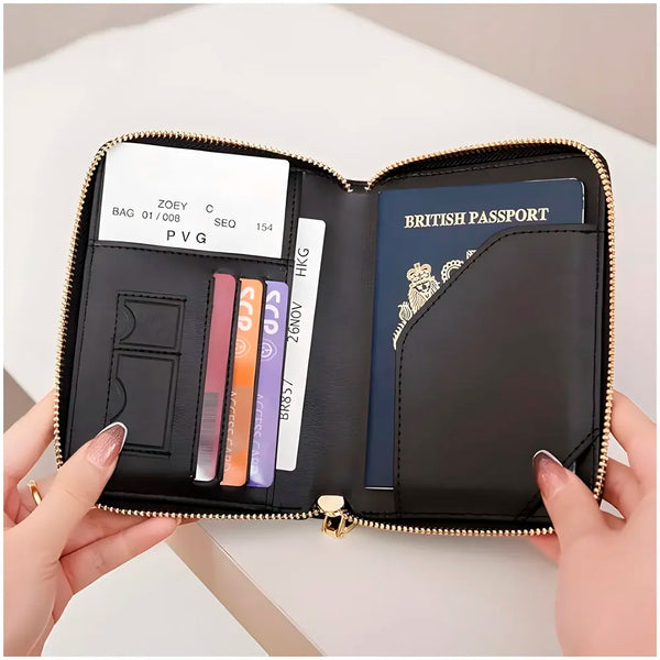 Passport Cover Case with Zip, 2 Passport Slots, 3 Credit Card, Boarding Pass, 2 Sim Slot Oragniser Pouch for Travel, Pocket Size - 15 Cm x 11 Cm PU Leather Black - 7
