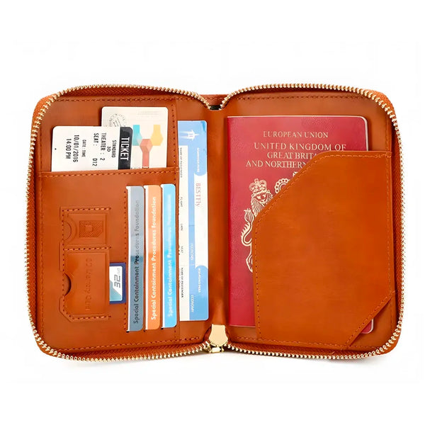 Passport Cover Case with Zip, 2 Passport Slots, 3 Credit Card, Boarding Pass, 2 Sim Slot Oragniser Pouch for Travel, Pocket Size - 15 Cm x 11 Cm PU Leather - Brown - 3