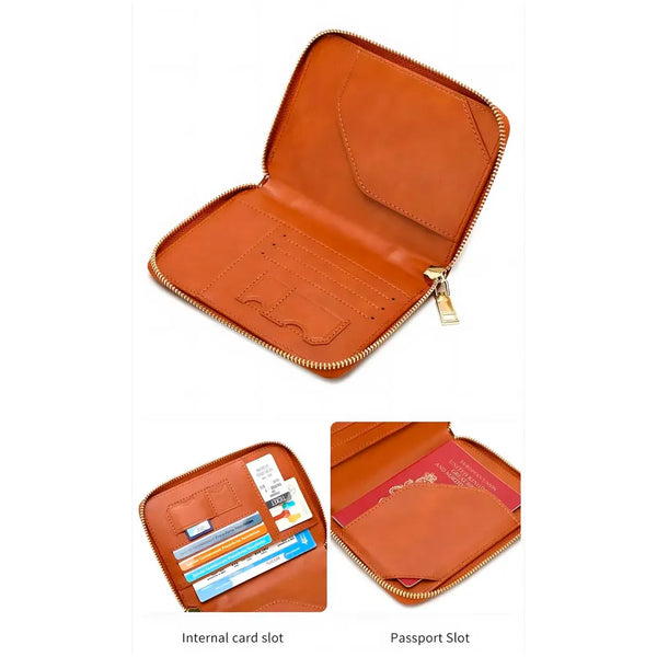 Passport Cover Case with Zip, 2 Passport Slots, 3 Credit Card, Boarding Pass, 2 Sim Slot Oragniser Pouch for Travel, Pocket Size - 15 Cm x 11 Cm PU Leather - Brown - 6