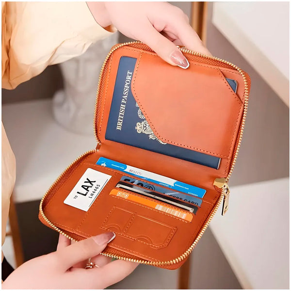 Passport Cover Case with Zip, 2 Passport Slots, 3 Credit Card, Boarding Pass, 2 Sim Slot Oragniser Pouch for Travel, Pocket Size - 15 Cm x 11 Cm PU Leather - Brown - 8