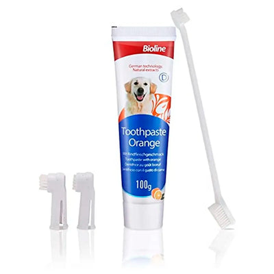 Orange Dog Tooth Brushing Kit Teeth Cleaning Kit Plaque and Tartar Control Toothpaste with 3 Toothbrush for Dogs Eliminates Bad Breath, Dog Toothpaste Orange Flavour.