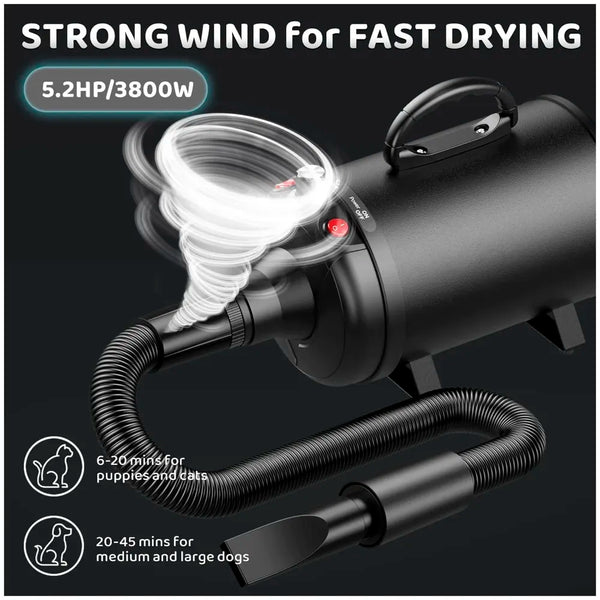 Pet Hair Dryer, 5.2HP/ 3800W High Velocity Pet Blow Dryer with Heater for Grooming, Speed Temperature Adjustable Dog Blower Grooming Dryer with 3 Nozzles For Dogs And Cats. - 4