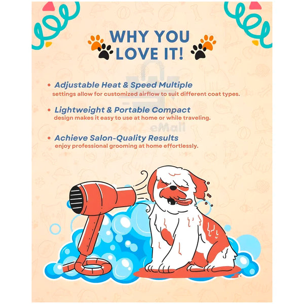 Pet 1500 Watts Hair Dryer Dog Cat Bath Wet Water Fast Drying Grooming Blower Made Specially For Pets Fur 2 Settings With Attachment And Plug Foldable Design-Blue - 7