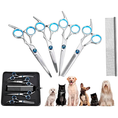 5 Scissors Pet Grooming Kit With Carry Case And Comb, 1 Straight Edge Hair Scissor, 1 Texturizing Thinning, 1 Upwards Curved, 1 Down Curved And 1 Comb All Stainless Steel, For Dogs And Cats