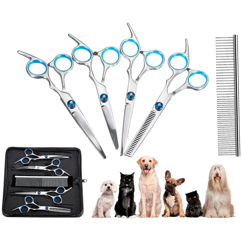 5 Scissors Pet Grooming Kit With Carry Case And Comb, 1 Straight Edge Hair Scissor, 1 Texturizing Thinning, 1 Upwards Curved, 1 Down Curved And 1 Comb All Stainless Steel, For Dogs And Cats