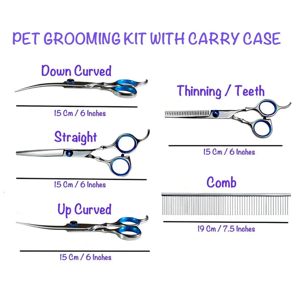 5 Scissors Pet Grooming Kit With Carry Case And Comb, 1 Straight Edge Hair Scissor, 1 Texturizing Thinning, 1 Upwards Curved, 1 Down Curved And 1 Comb All Stainless Steel, For Dogs And Cats - 2