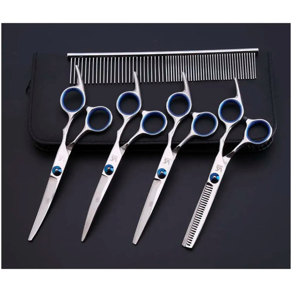 5 Scissors Pet Grooming Kit With Carry Case And Comb, 1 Straight Edge Hair Scissor, 1 Texturizing Thinning, 1 Upwards Curved, 1 Down Curved And 1 Comb All Stainless Steel, For Dogs And Cats - 4