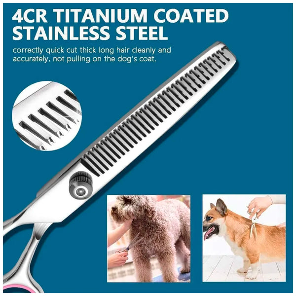 5 Scissors Pet Grooming Kit With Carry Case And Comb, 1 Straight Edge Hair Scissor, 1 Texturizing Thinning, 1 Upwards Curved, 1 Down Curved And 1 Comb All Stainless Steel, For Dogs And Cats - 6