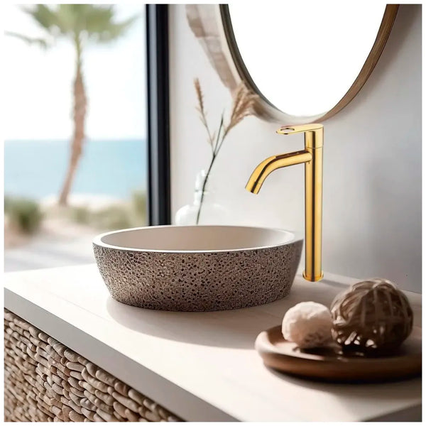 AQUAKART SS Extended Tall Body Pillar Cock 12'' Tap Gold Faucet Waterfall Single Lever, SS Material, Golden for Wash Basin Bathroom 12 Inches Height - 2