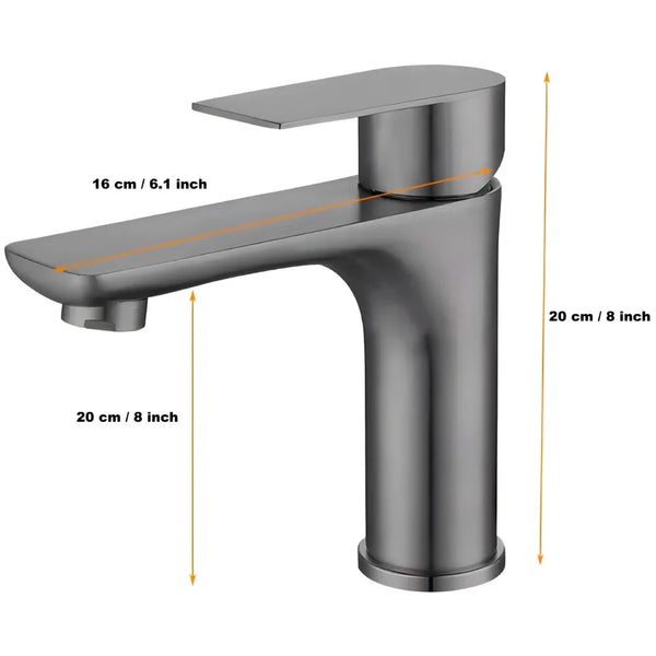 Dark Grey Faucet Pillar Cock Tap Single Knob, SS 304 Material, for Wash Basin Bathroom 8 Inches Height Cold Water Only - 20cm Height - 3