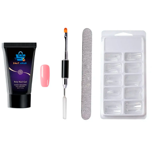 Pink Poly Nail Gel Nail Spatula, Buffer And 100 Pcs Fake Nails Acrylic Gel Full Poly Nail Gel Extension Set
