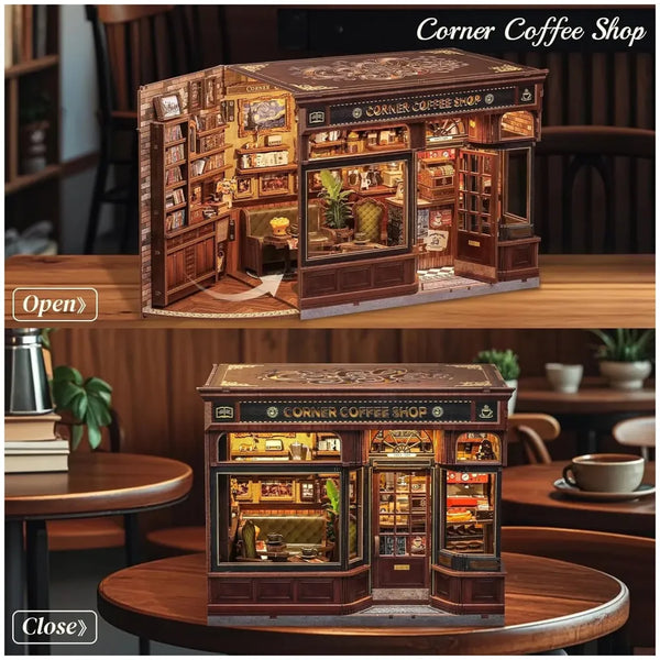 CUTEBEE Book Nook Kit - DIY Miniature House Dollhouse Kit for Adults and Teens, Booknook Tiny House Bookshelf Decor 3D Wooden Puzzle, Gifts for Family, Friends (Corner Coffee Shop) - 2