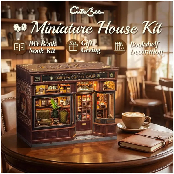 CUTEBEE Book Nook Kit - DIY Miniature House Dollhouse Kit for Adults and Teens, Booknook Tiny House Bookshelf Decor 3D Wooden Puzzle, Gifts for Family, Friends (Corner Coffee Shop) - 3